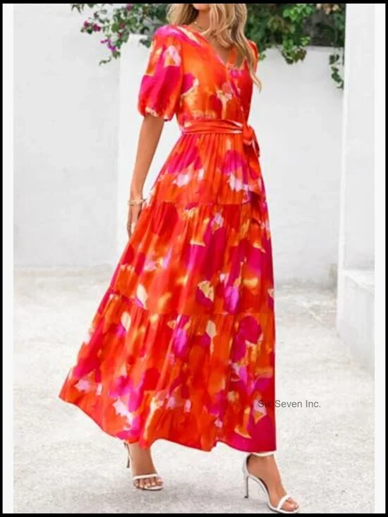 Summer Maxi Dress V-Neck Puff Sleeve Flowy Boho Floral Beach Dress - Picture 4 of 7
